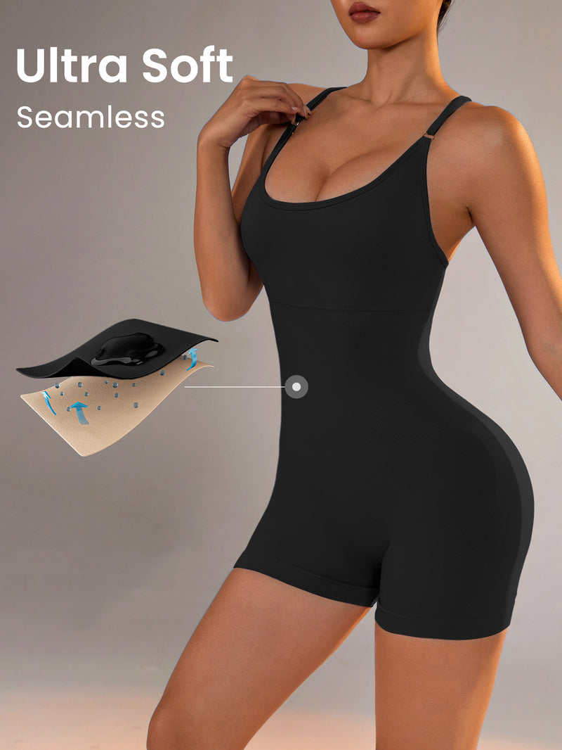 Elosung Women's Square-Neck Crisscross-Back Yoga Bodysuit – Black, Size XS
