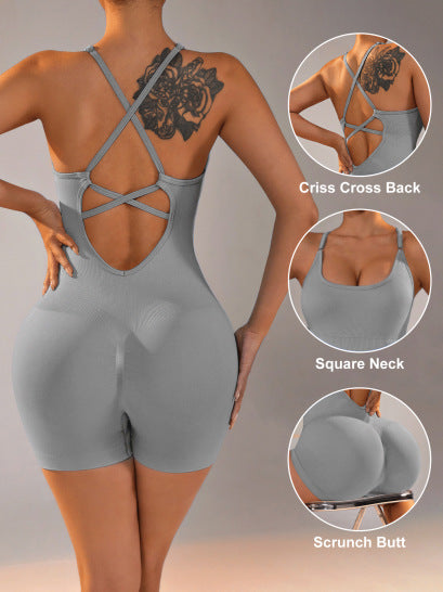Elosung Women's Square-Neck Crisscross-Back Yoga Bodysuit – Light Grey, Size S