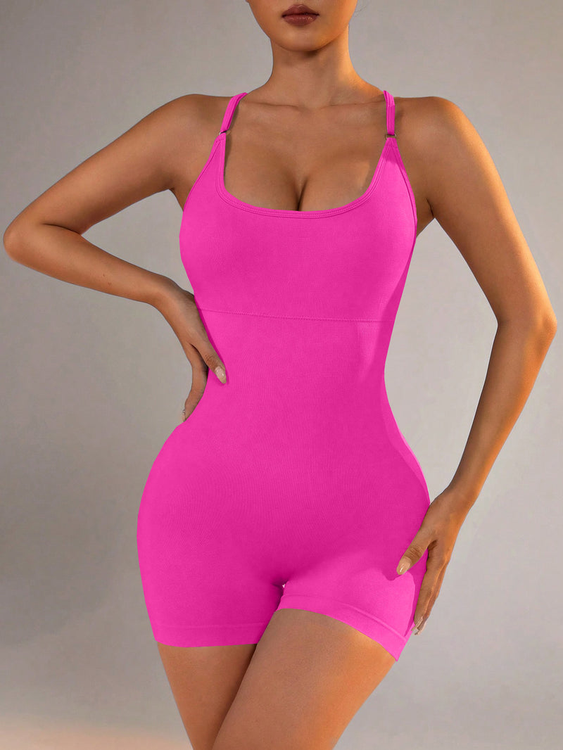 Elosung Women's Square-Neck Crisscross-Back Yoga Bodysuit – Rose Red Grey, Size M