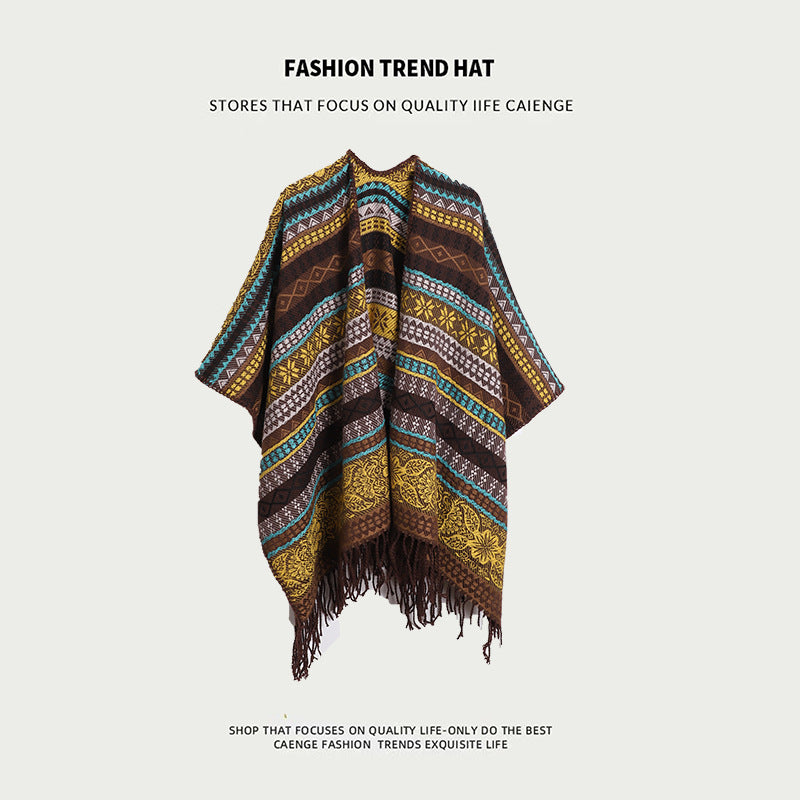 Brown Plaid Ethnic Boho Shawl for Women - Stylish Split Cape for Travel and Cooling Rooms