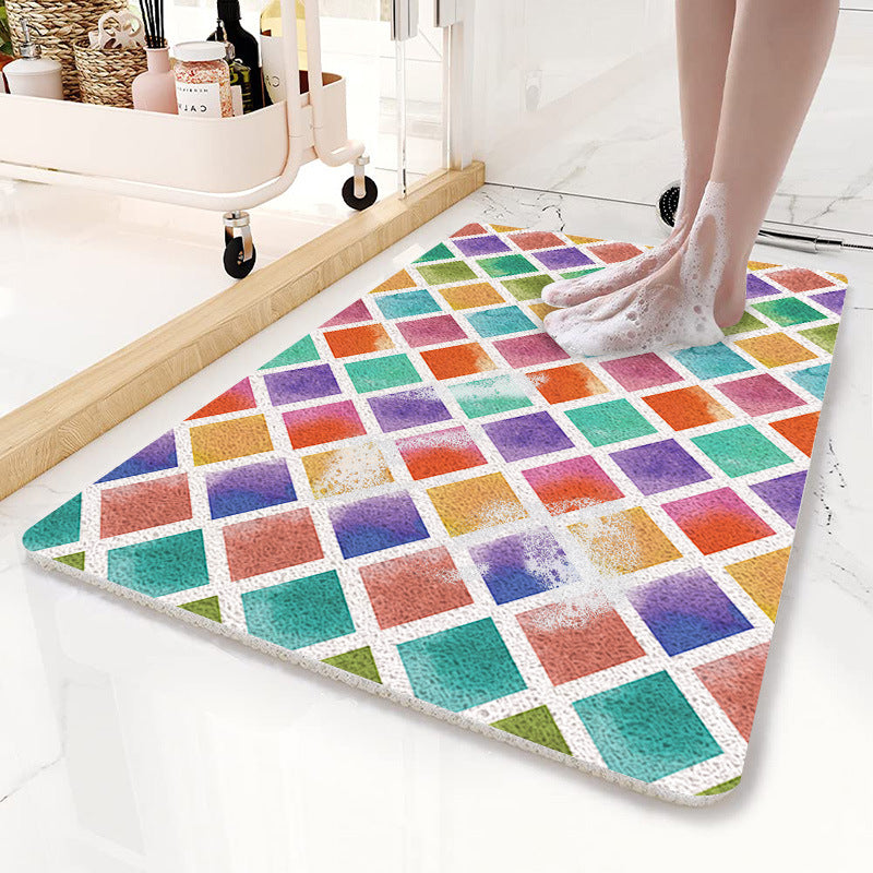 colourful Diamond Pattern PVC Non-Slip Bath Mat 50 × 80 cm - Shower Drain Hole Design, Soft & Quick-Dry Bathroom Rug
