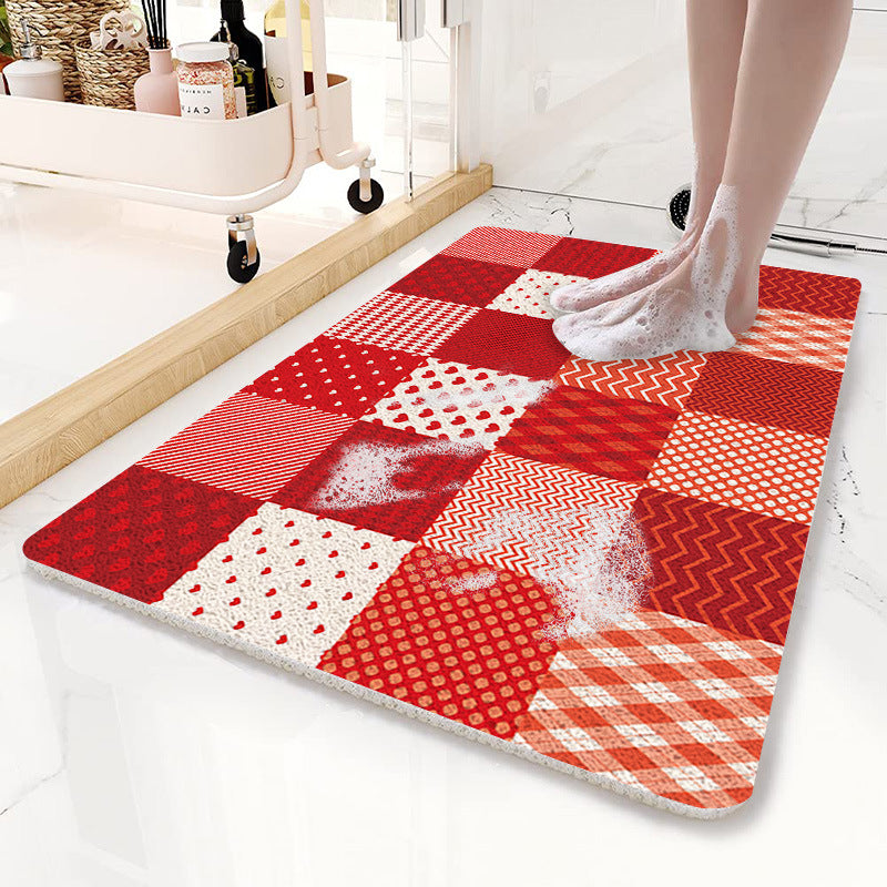Red Checkered Pattern PVC Non-Slip Bath Mat 50 × 80 cm - Shower Drain Hole Design, Soft & Quick-Dry Bathroom Rug