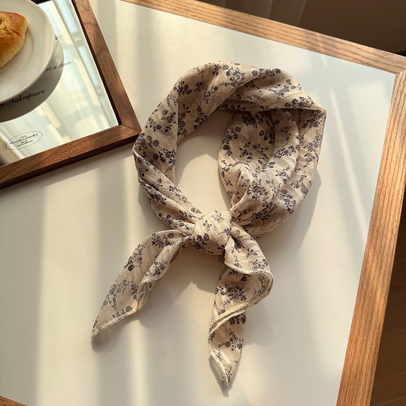 Style 1 Beige Versatile Patterned Square Scarf – 65 × 65 cm Lightweight Polyester Neckerchief Headband – Vintage Polka Dot & Floral