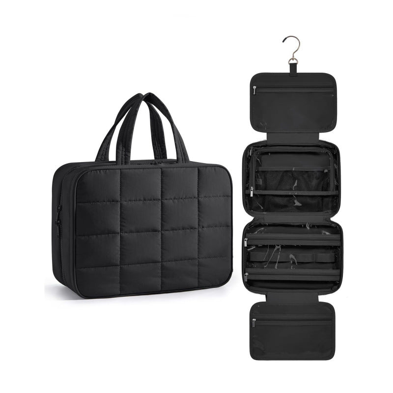 Size L Black Quilted Hanging Toiletry Bag with Jewelry Organizer - Travel Cosmetic Case(31*12*23)