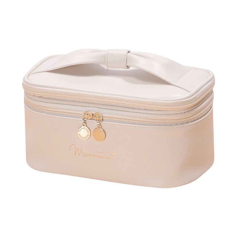 Beige Stylish PU Leather Makeup Bag - Large Capacity Double Layer Travel Cosmetic Organizer Case for Women