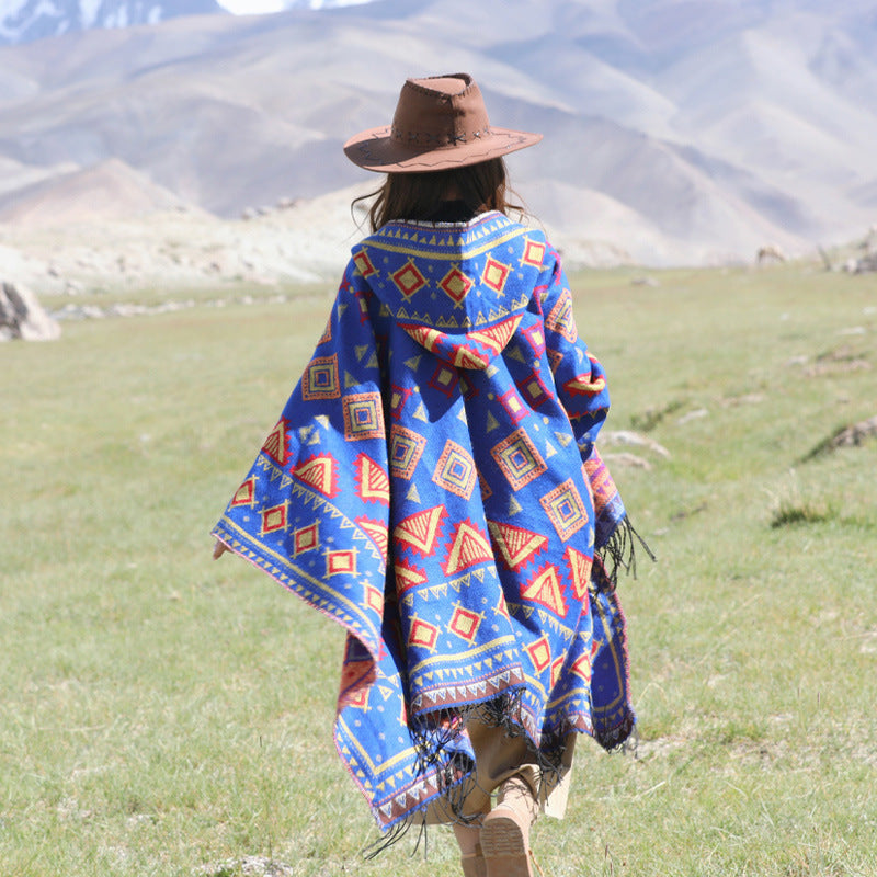 Diamond Blue Soft Faux Cashmere Poncho Cape - Oversized Winter Shawl Wrap (130 × 150 cm)